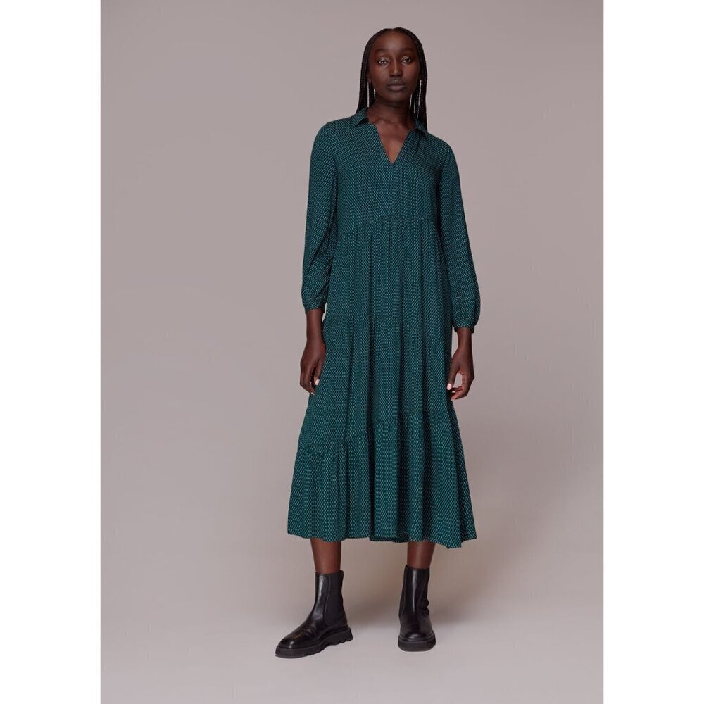 Whistles women's Vertical Dash Trapeze dress 12 green tier long sleeve midi